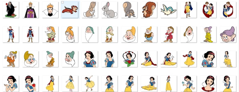 May include: A selection of cartoon illustrations depicting characters from a well-known fairy tale. The images showcase various characters, including a queen, dwarfs, a prince, and a princess. The illustrations are in a vibrant, cartoon style.