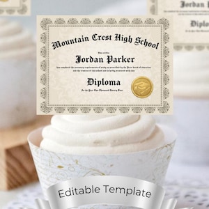 Abschlussdiplom Cupcake Topper, druckbares Abschlussfeier Mitbringsel, bearbeitbarer Diplom Cupcake Topper