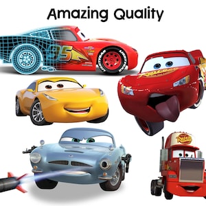 May include: A selection of cartoon cars, featuring a red race car with the number 95, a yellow sports car, a blue vintage car with a missile, a red truck, and a red race car with its tongue out. The text "Amazing Quality" is at the top.