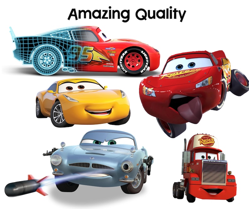 May include: A selection of cartoon cars, featuring a red race car with the number 95, a yellow sports car, a blue vintage car with a missile, a red truck, and a red race car with its tongue out. The text "Amazing Quality" is at the top.