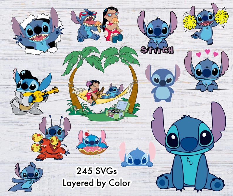 May include: A collection of 245 layered SVGs featuring Stitch, the blue alien character from Lilo & Stitch. The images include Stitch in various poses, including relaxing in a hammock, playing music, and wearing a lei. The text "245 SVGs Layered by Color" is also included in the image.