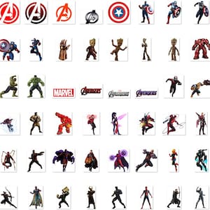 May include: A collection of colorful Marvel superhero and logo images, including Captain America, Hulk, Iron Man, Thor, and the Avengers logo.