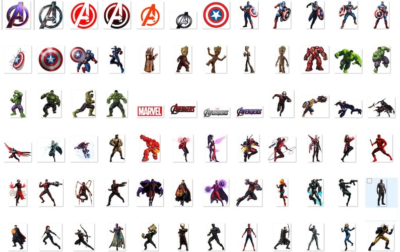May include: A collection of colorful Marvel superhero and logo images, including Captain America, Hulk, Iron Man, Thor, and the Avengers logo.