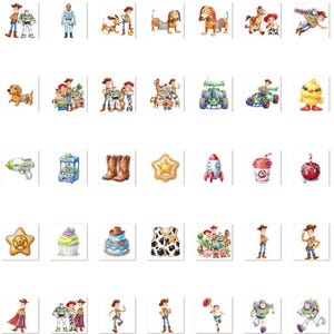 May include: A collection of small, colorful watercolor-style illustrations featuring various characters, objects, and symbols from the Toy Story franchise, including cowboys, space rangers, toys, food items, and decorative icons arranged in a grid.