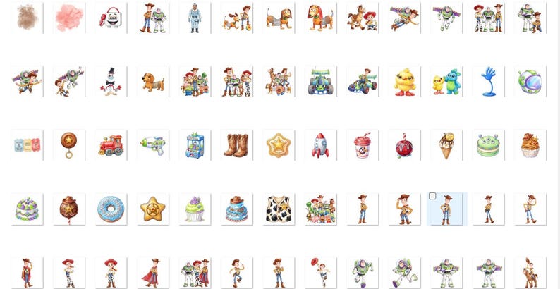 May include: A collection of small, colorful watercolor-style illustrations featuring various characters, objects, and symbols from the Toy Story franchise, including cowboys, space rangers, toys, food items, and decorative icons arranged in a grid.