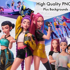 May include: Digital art featuring several animated female characters in vibrant outfits, holding microphones. The image includes the text "High Quality PNGs Plus Backgrounds". The characters have diverse hairstyles and expressions, suggesting a musical or performance theme.