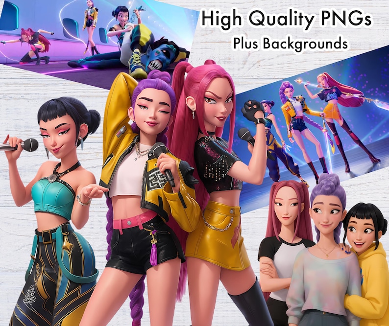 May include: Digital art featuring several animated female characters in vibrant outfits, holding microphones. The image includes the text "High Quality PNGs Plus Backgrounds". The characters have diverse hairstyles and expressions, suggesting a musical or performance theme.