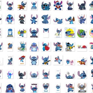 May include: A collection of 100 blue Stitch character stickers with various poses and expressions. The stickers feature Stitch in different outfits and situations, including playing music, wearing a hat, and holding a heart.