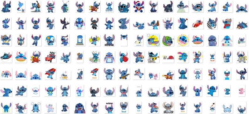 May include: A collection of 100 blue Stitch character stickers with various poses and expressions. The stickers feature Stitch in different outfits and situations, including playing music, wearing a hat, and holding a heart.