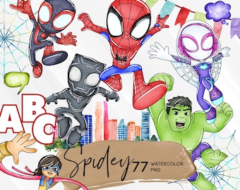 Spidey Watercolor Clipart Bundle, Spidey and his Amazing Friends PNG Bundle, Hand painted png, Superhero birthday, shirts
