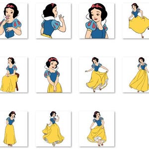 May include: A series of cartoon illustrations featuring a woman with black hair, a red headband, and a blue and white top, paired with a yellow skirt. The images show different poses and actions, including holding flowers, an apple, and interacting with animals.