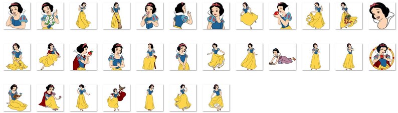 May include: A series of cartoon illustrations featuring a woman with black hair, a red headband, and a blue and white top, paired with a yellow skirt. The images show different poses and actions, including holding flowers, an apple, and interacting with animals.