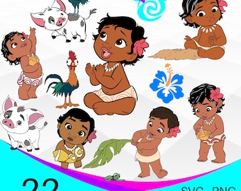 Paquete SVG de Baby Moana, paquete de imágenes prediseñadas SVG PNG de Baby Moana, paquete de svg en capas, svg de Baby Moana, svg de Baby Moana, princesa pequeña