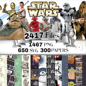 Pode incluir: Uma coleção digital de 2417 arquivos de Star Wars, incluindo 1467 PNGs, 650 SVGs e 300 papéis. A imagem apresenta personagens como Anakin Skywalker, C-3PO, Rey, Jabba the Hutt, BB-8, R2-D2, um Stormtrooper, Chewbacca e um Porg, com fundos estampados.