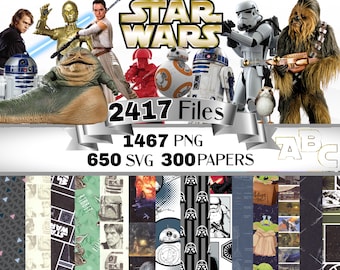 以下が含まれることがあります： 2417個のスター・ウォーズのデジタルファイルコレクション。1467個のPNG、650個のSVG、300個のペーパーが含まれています。画像には、アナキン・スカイウォーカー、C-3PO、レイ、ジャバ・ザ・ハット、BB-8、R2-D2、ストームトルーパー、チューバッカ、ポーグなどのキャラクターと、様々なパターンの背景が描かれています。