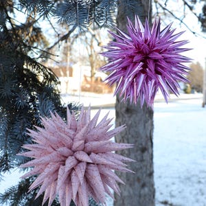 Puede incluir: Dos adornos con forma de estrella brillante colgando de una rama de árbol. El adorno más grande es rosa y el más pequeño es rosa claro.