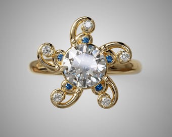 Boutique Gold Diamond Sapphire Statement Ring: Asymmetric Engagement Jewelry