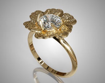 Floral 14k Gold Solitaire Engagement Ring: Anemone Flower Design