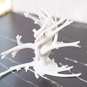 May include: A white, matte-finished jewelry stand shaped like a branching tree or coral structure. The object features a central trunk that extends into multiple thin, bifurcated limbs and a wide, radiating base with several small, root-like protrusions.