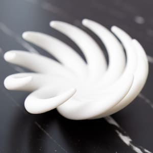 May include: A white ceramic dish featuring a spiraling, multi-pointed design that resembles a stylized flower or star. The object has a smooth, matte finish with curved, tapered edges that radiate outward from a central, concave base.
