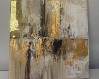 ブルーレイク抽象風景画：金箔山アート、テクスチャードスクエア