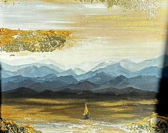 ブルーレイク抽象風景画：金箔山アート、テクスチャードスクエア