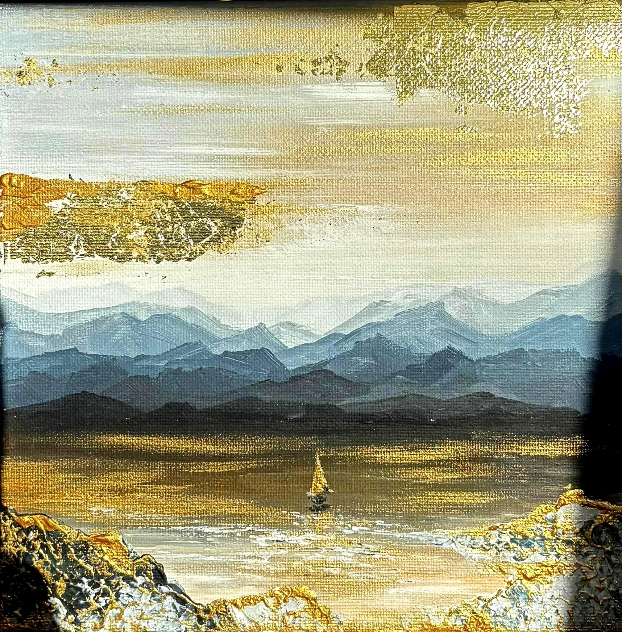 金箔風景画 ブルーレイク抽象風景画：金箔山アート、テクスチャードスクエア