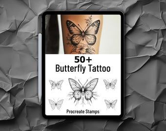 May include: A digital tablet screen displaying a set of 50+ butterfly tattoo Procreate stamps. The image shows a variety of butterfly designs, including a large butterfly with floral accents, and smaller butterflies in various poses.