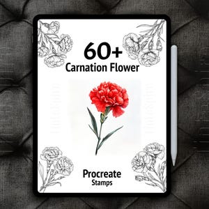May include: A digital illustration of a red carnation flower with green leaves. The image is on a white background with the text "60+ Carnation Flower Procreate Stamps".