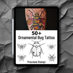 May include: A digital illustration of a colorful bug tattoo design. The image also shows 50+ black and white bug illustrations that are available as Procreate stamps.
