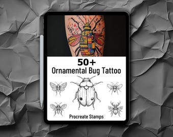 May include: A digital illustration of a colorful bug tattoo design. The image also shows 50+ black and white bug illustrations that are available as Procreate stamps.