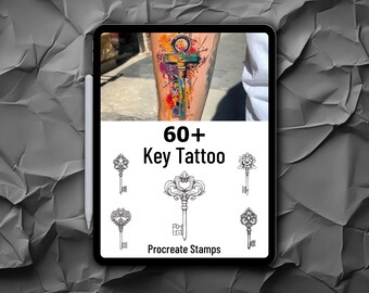May include: A digital tablet displays a tattoo design with a colorful key and the text "60+ Key Tattoo Procreate Stamps." Below are several black and white key designs.