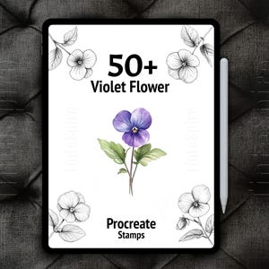 May include: A digital tablet screen displaying a set of 50+ Procreate stamps featuring violet flowers. The image shows a single violet flower in color with the rest of the flowers in black and white.