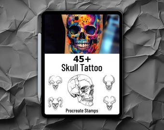 May include: A digital illustration of a colorful skull tattoo design. The image also includes 45+ black and white skull tattoo designs, labeled as "Procreate Stamps".