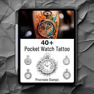 May include: A digital tablet screen displaying a set of 40+ pocket watch tattoo designs for Procreate. The designs are black and white line drawings of pocket watches with various details. The screen also features a colorful image of a pocket watch tattoo on a person's arm.
