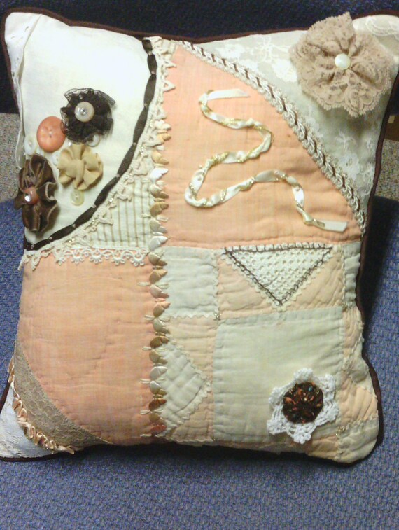 Chocolate And Peach Crazy Quilt Pillow Etsy
