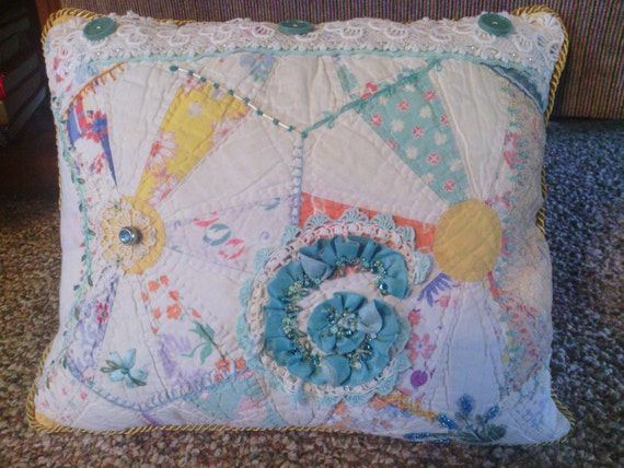 Aqua Crazy Quilt Pillow Etsy