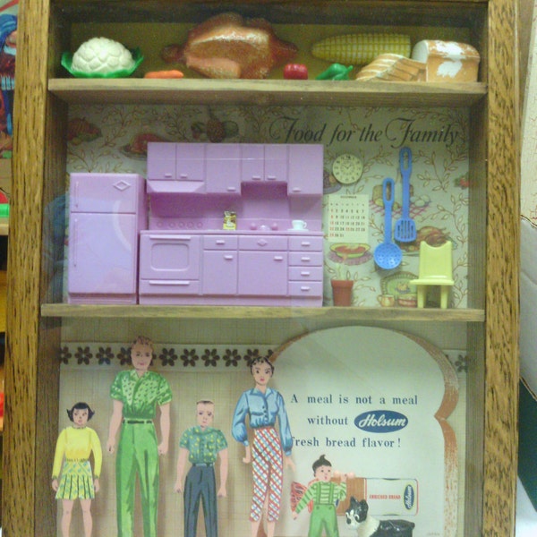 Plastic paper Doll Family Purple Kitchen Shadowbox