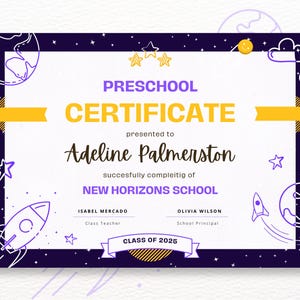 Certificat modifiable sur le thème de l'espace pour enfants – Modèle canva A4, certificat de récompense personnalisable, imprimable Galaxy Classroom