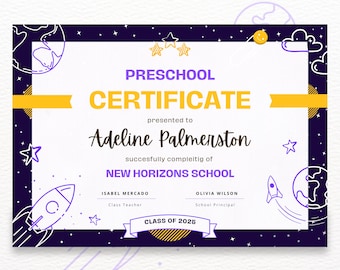 Certificado editável com tema espacial para crianças – modelo A4 Canva, certificado de recompensa personalizável, Galaxy Classroom para impressão