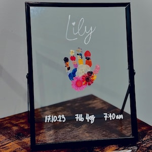 May include: A framed artwork featuring a handprint made of colourful flowers, with the name "Lily" written above. The date, weight, and time of birth are displayed below the handprint.