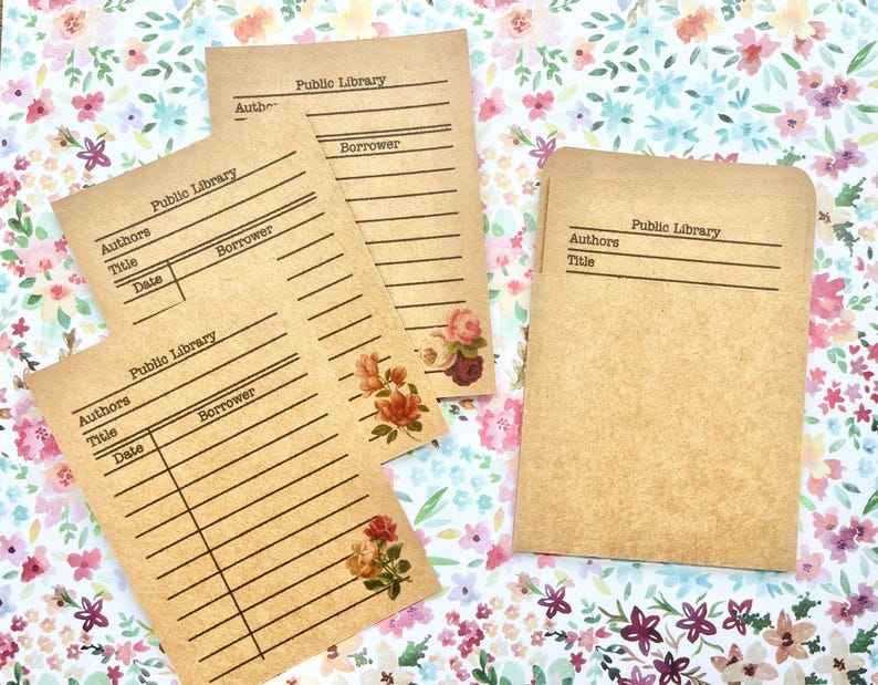 Vintage Inspired Floral Library Cards + Pockets, Set of 4, Kraft - Etsy
