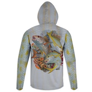 Lane and Yellowtail Snappers - Unisex Long Sleeve Sun Proof Performance Fishing Top with built in Hoodie and Gaiter (short sleeve option