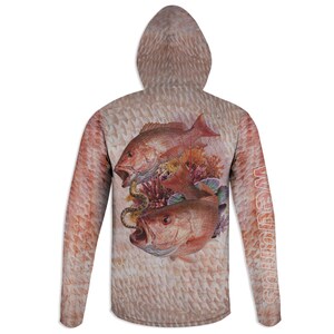 May include: A long-sleeved hooded shirt with a fish scale pattern and a graphic of two red fish with coral and a sea creature. The word "Wefarious" is printed vertically on the sleeve.