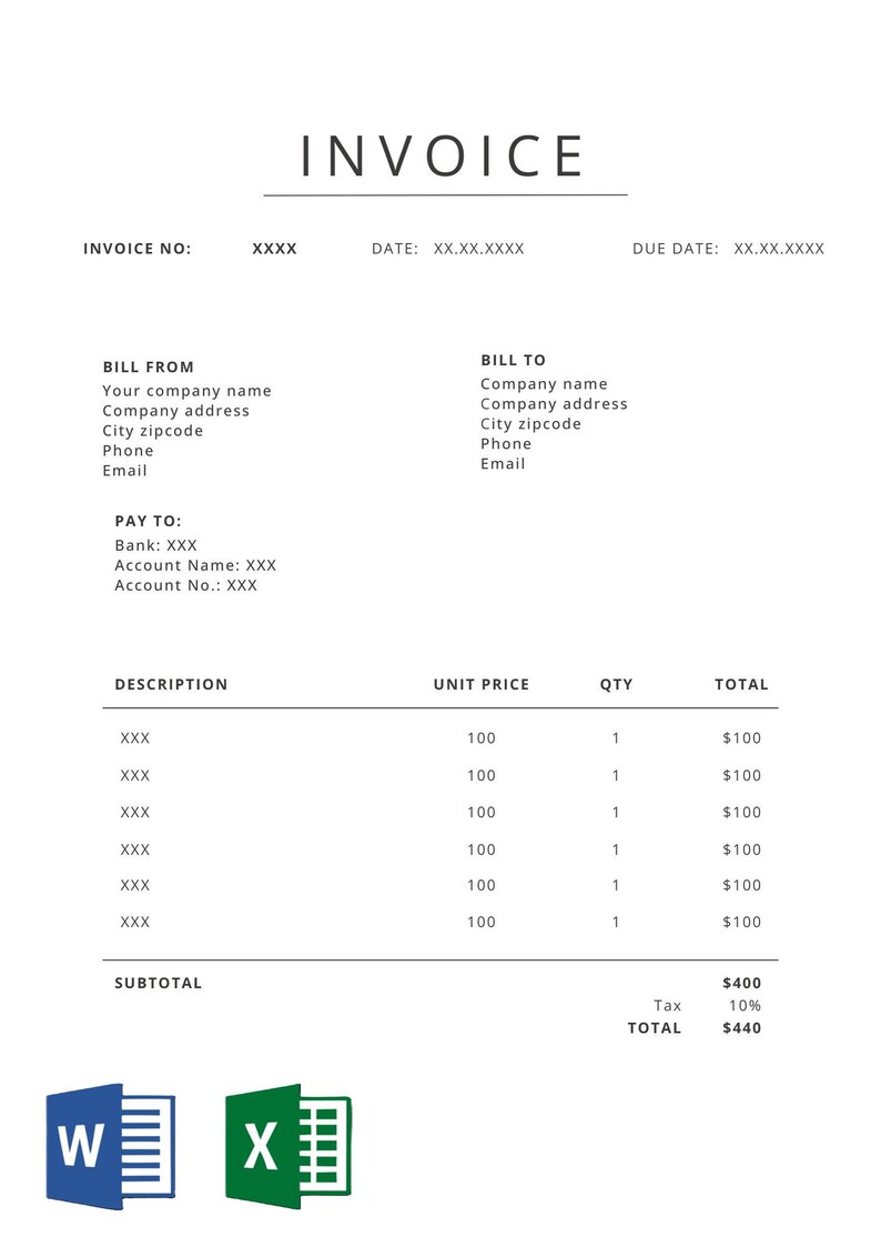Editable Invoice Template. Printable Invoice Word. Custom Invoice Form ...