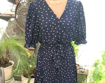 Navy White Polka Dot Dress Wrap Front Pleats Sash SZ M  Lark and Grey