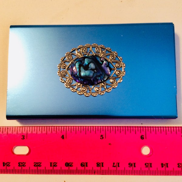 Gorgeous ocean blue metal cigarette/cash case with lustrous mother of pearl  embellishment