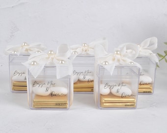 Bulk Chocolate and Almond Candy Favors in Clear Gift Box with Ribbon and Pearls, Elegant Wedding, Engagement, and Event Gifts, Unique Favors
