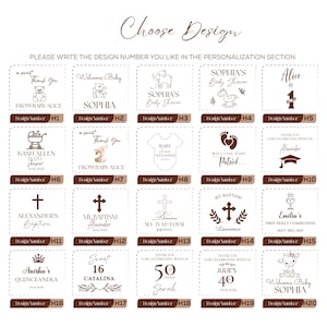 May include: A selection of design options for personalized gifts, featuring various themes such as baby showers, baptisms, and birthdays. Each design includes text and decorative elements, with design numbers for easy selection.