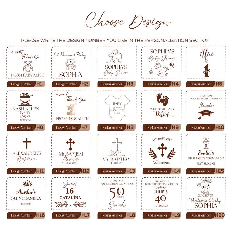 May include: A selection of design options for personalized gifts, featuring various themes such as baby showers, baptisms, and birthdays. Each design includes text and decorative elements, with design numbers for easy selection.